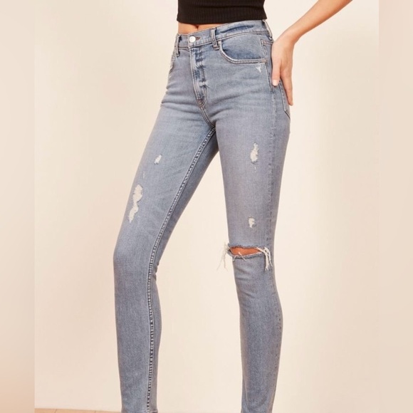Reformation Harper High Rise Skinny Blue Jeans Raw Hem Distressed Maui USA 25 - Picture 2 of 10